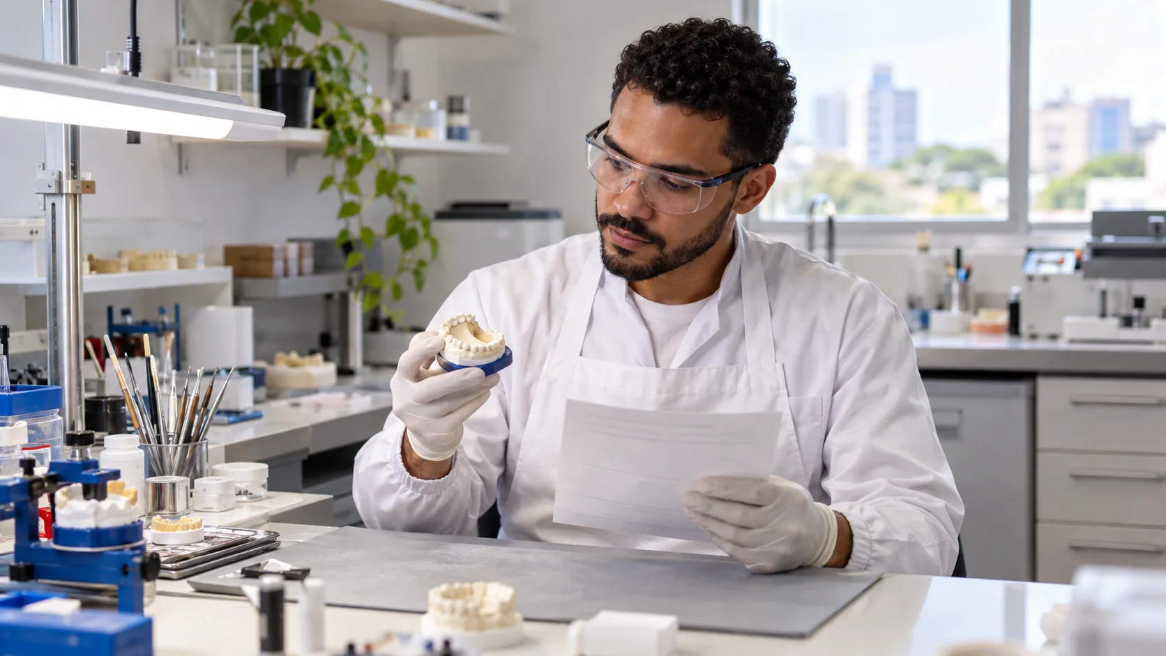 Técnico em prótese dentária examina um modelo odontológico em uma bancada de laboratório.