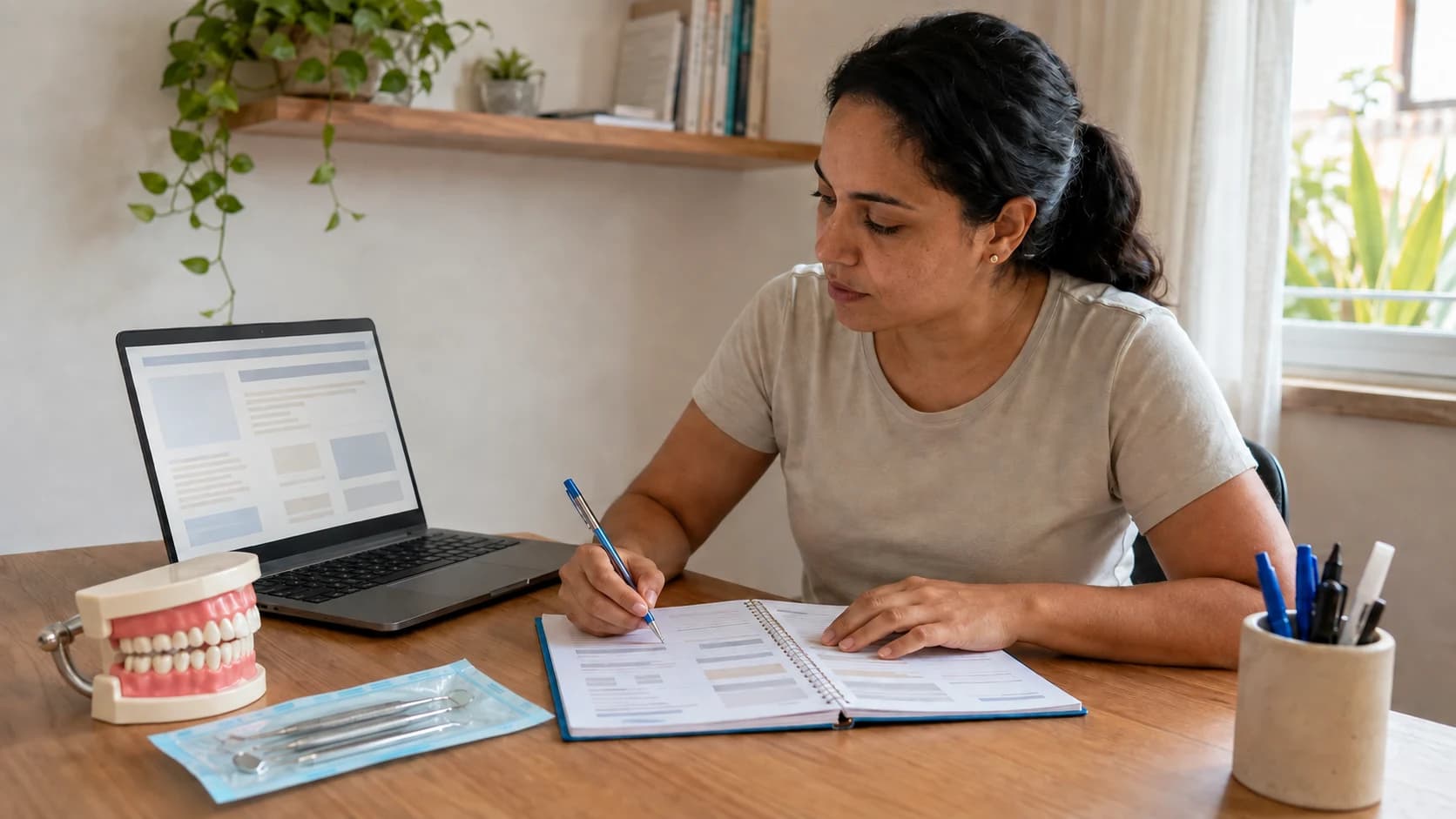 Auxiliar em Saúde Bucal organiza um plano de estudo ao lado de um modelo odontológico.