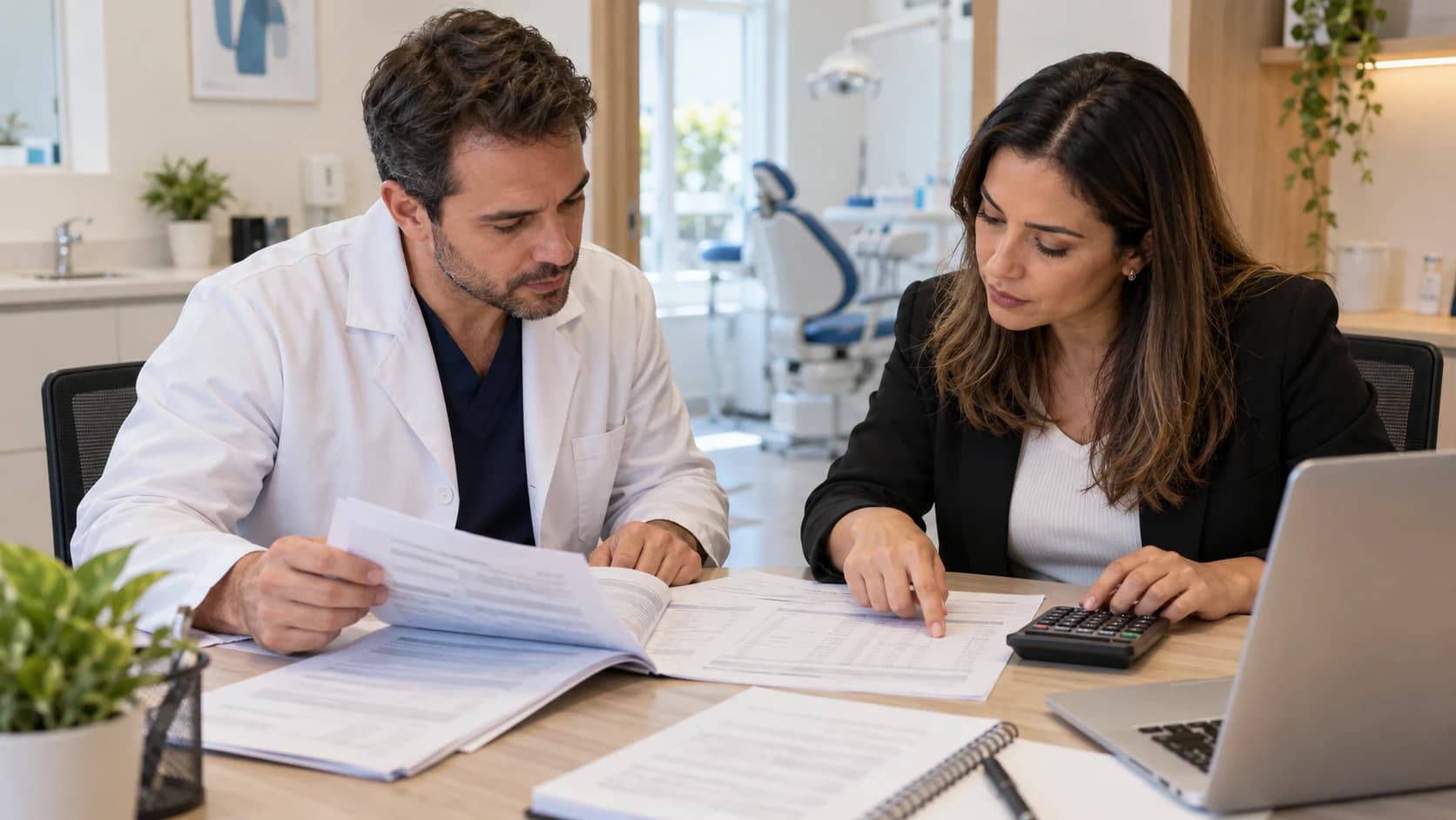 Dentista e administradora analisam documentos de folha de pagamento e uma calculadora em uma clínica.