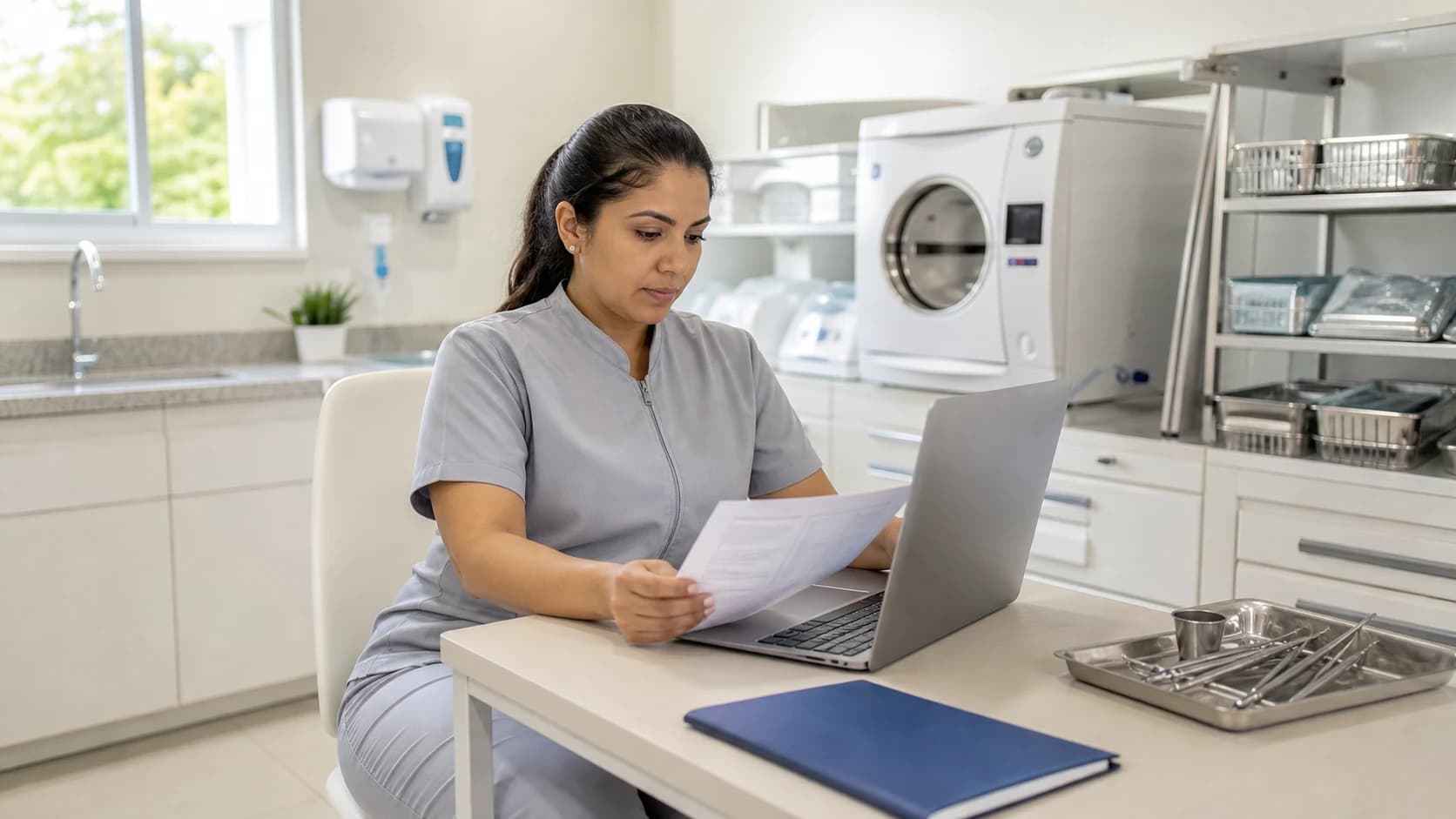 Técnica em Saúde Bucal compara um currículo impresso com seu perfil profissional no computador.