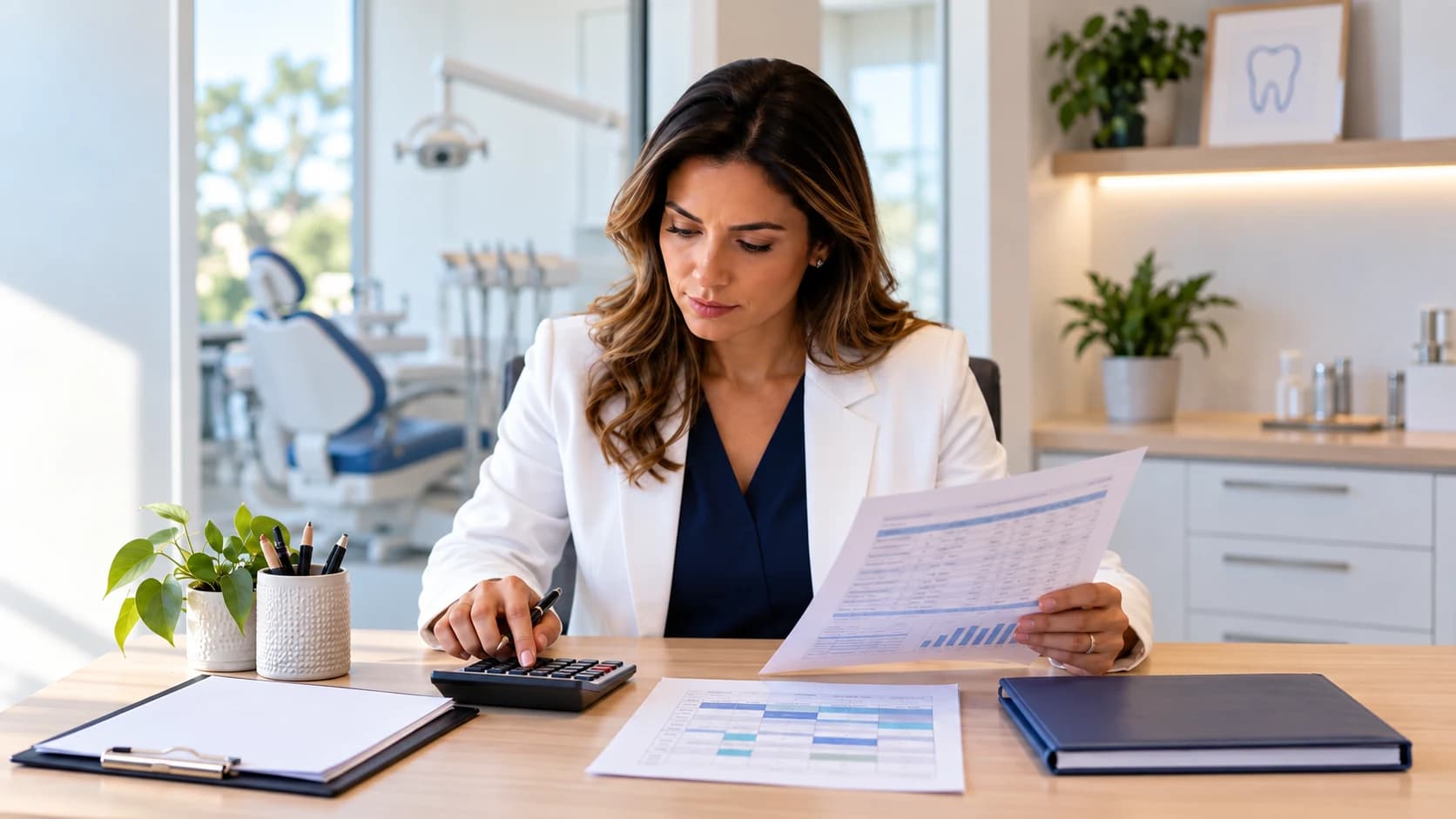 Gestora de clínica odontológica calcula custos de contratação com uma calculadora e uma planilha.