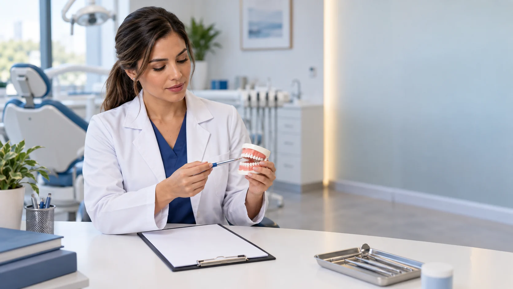 Dentista se prepara para explicar um plano de tratamento com um modelo odontológico em consultório vazio.
