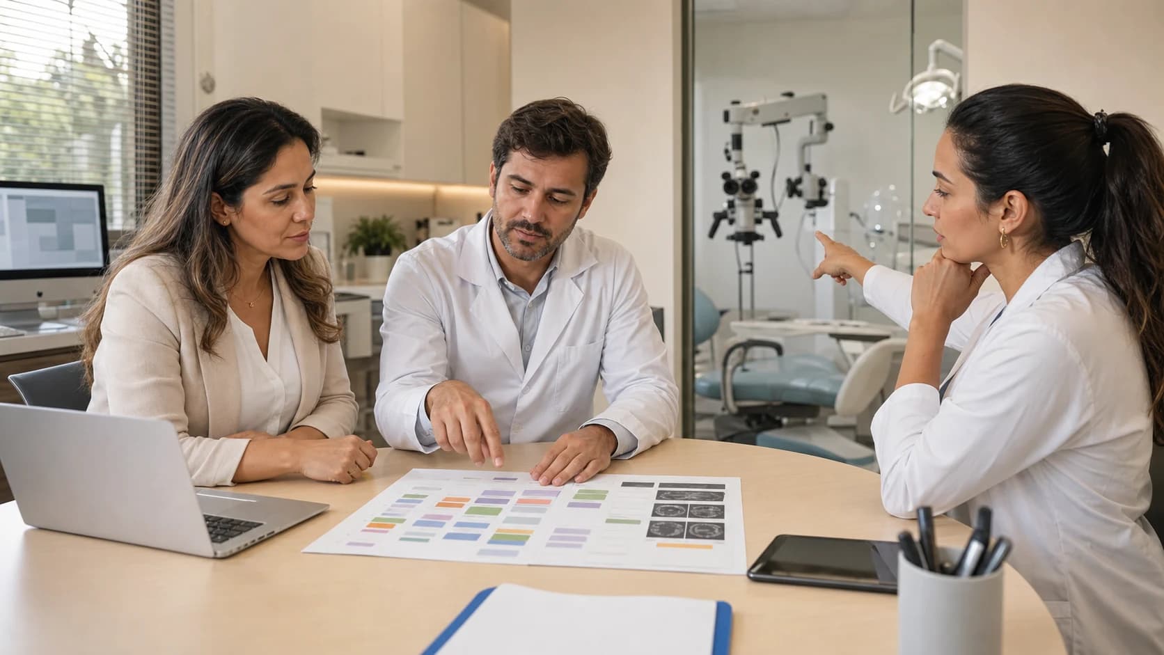 Gestora e dois dentistas comparam a demanda de atendimentos de uma clínica odontológica.
