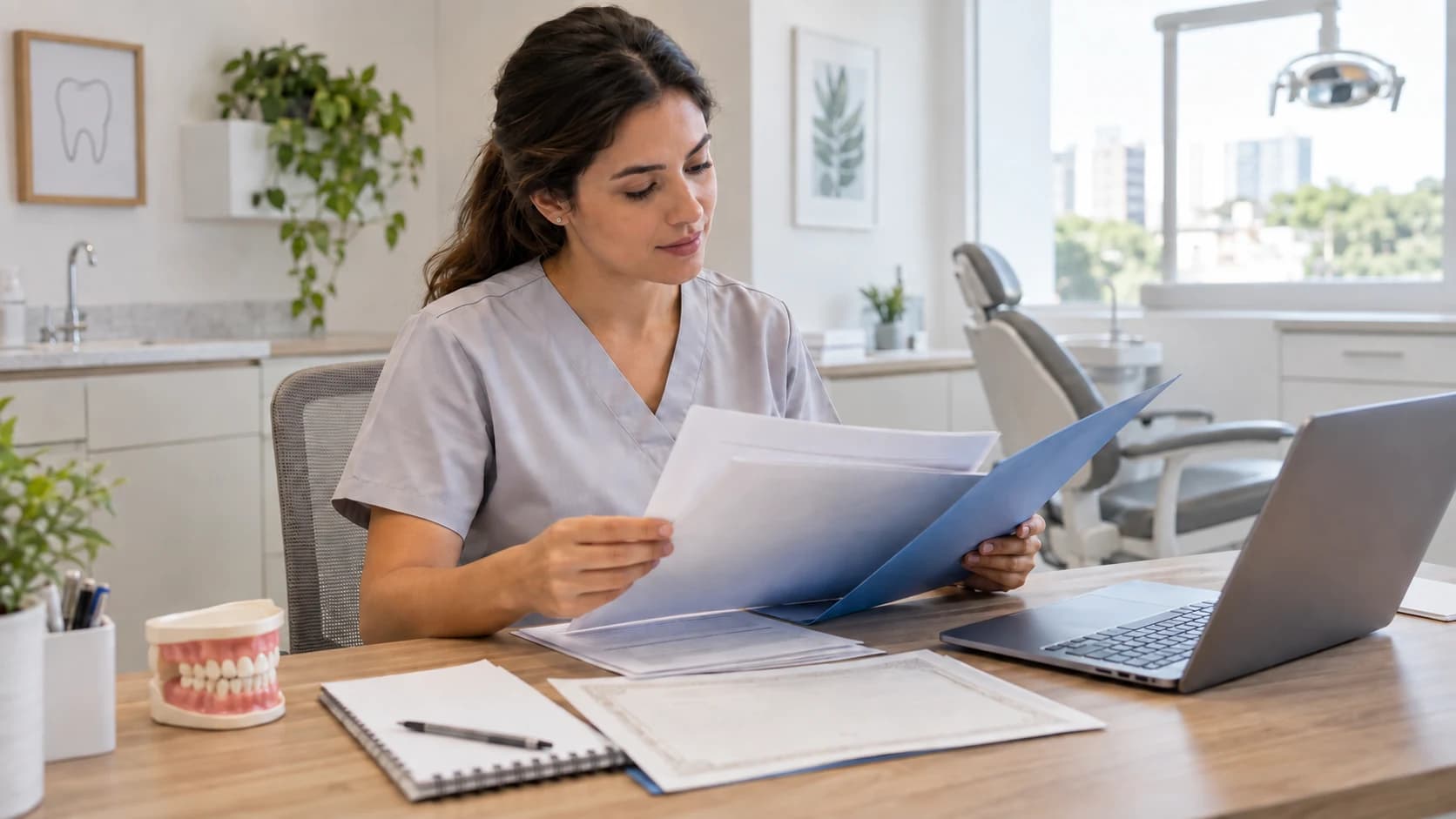 Dentista revisa documentos acadêmicos em uma mesa de escritório dentro de uma clínica.