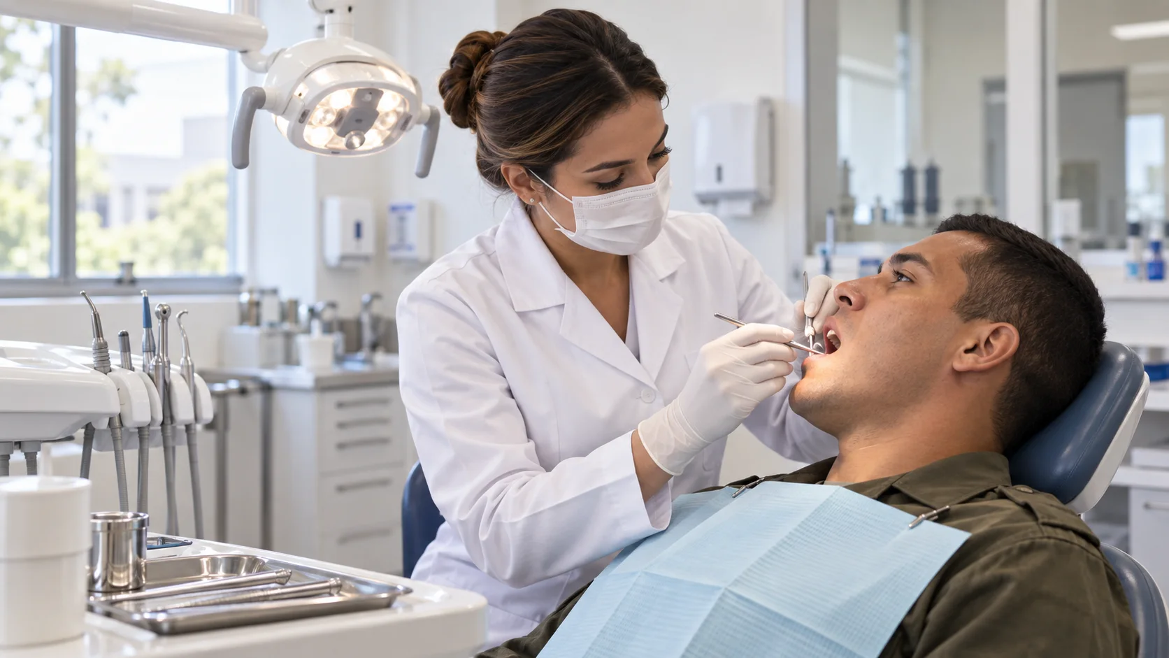 Cirurgiã-dentista de jaleco, máscara e luvas atende paciente com uniforme verde-oliva em consultório odontológico.