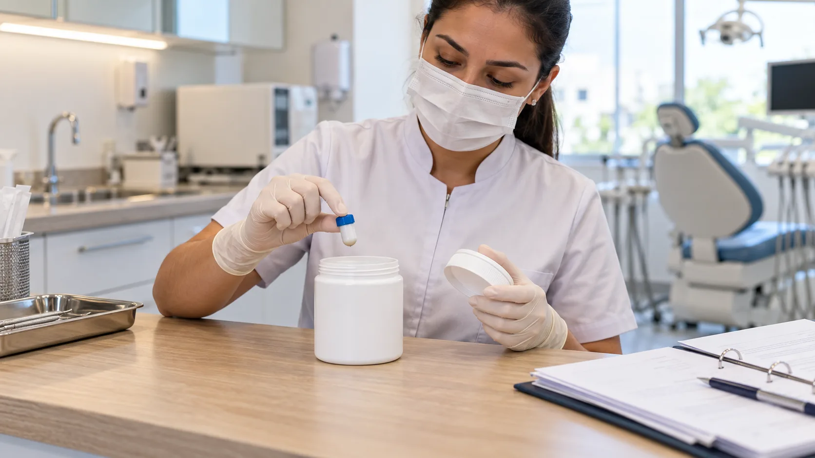 Auxiliar de saúde bucal de luvas guarda uma cápsula usada em um recipiente rígido fechado, em uma bancada clara de consultório odontológico.