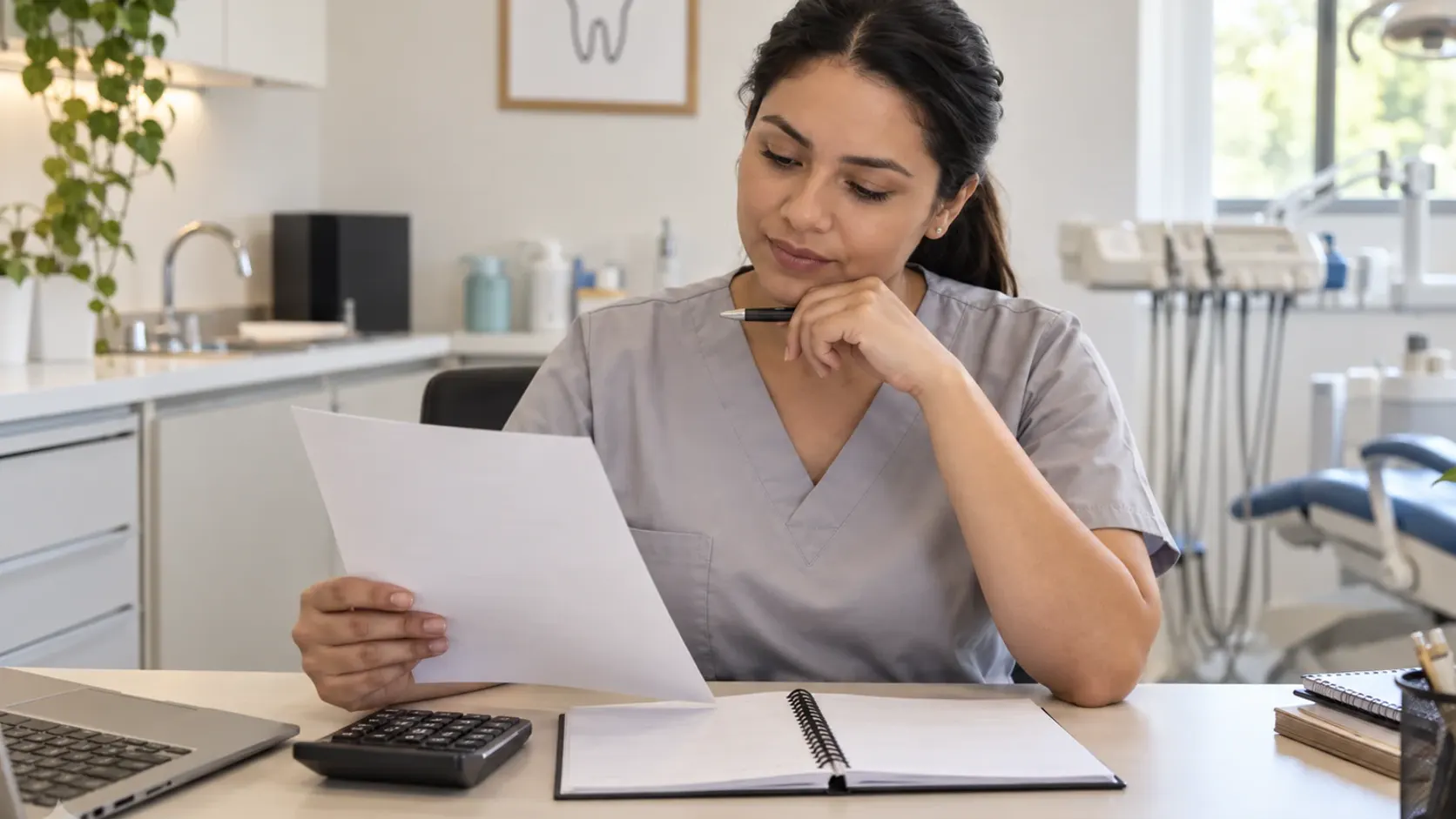 Auxiliar em Saúde Bucal faz contas com uma calculadora para definir o valor de uma diária de trabalho em clínica odontológica.