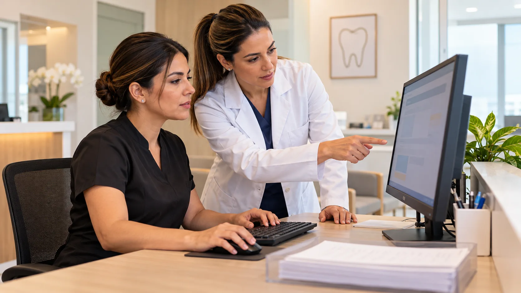 Dentista de jaleco no balcão da recepção de uma clínica confere um documento no computador ao lado de uma recepcionista.