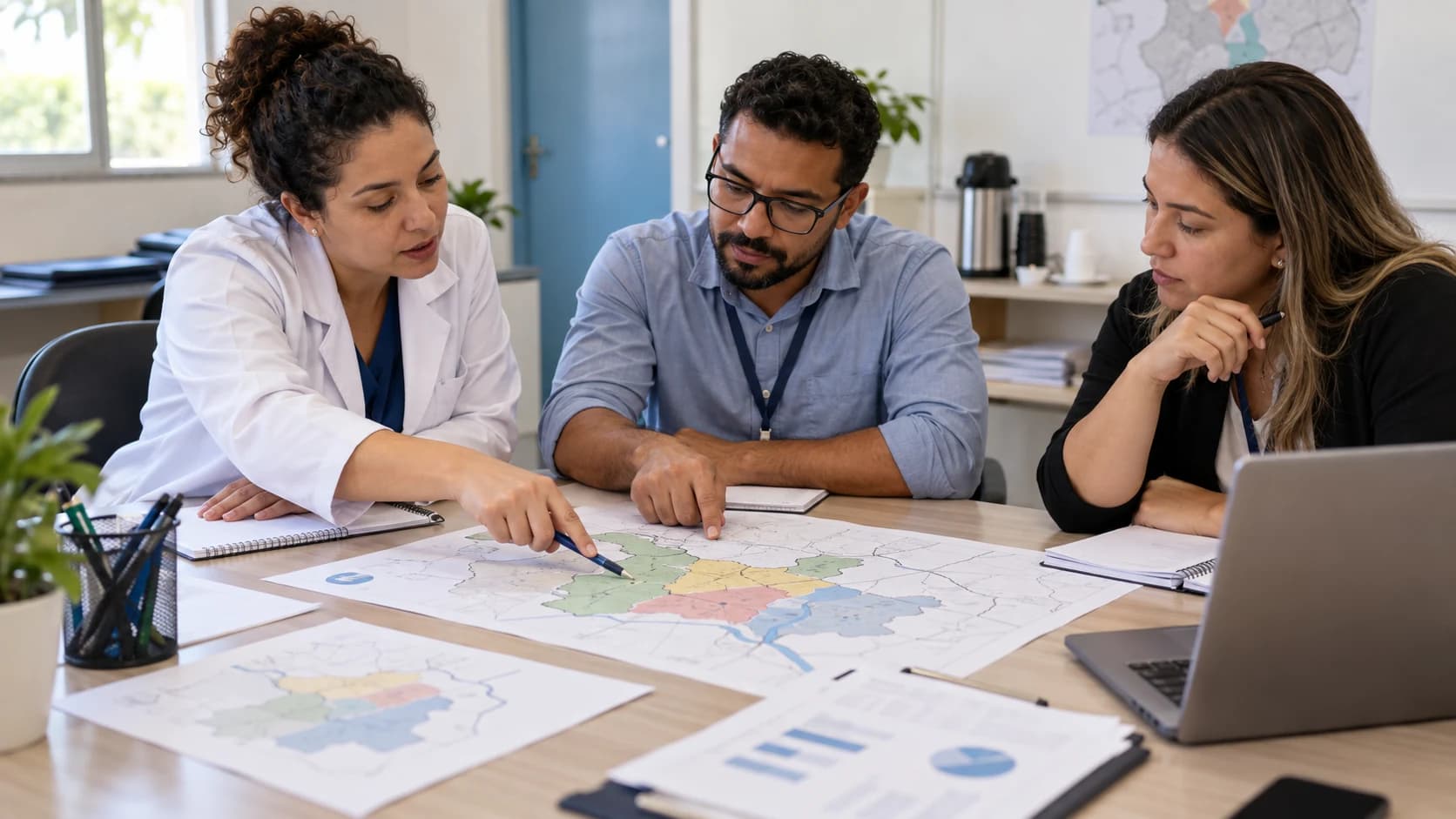 Três profissionais de saúde analisam juntos um mapa de áreas de atendimento em uma mesa de reunião.