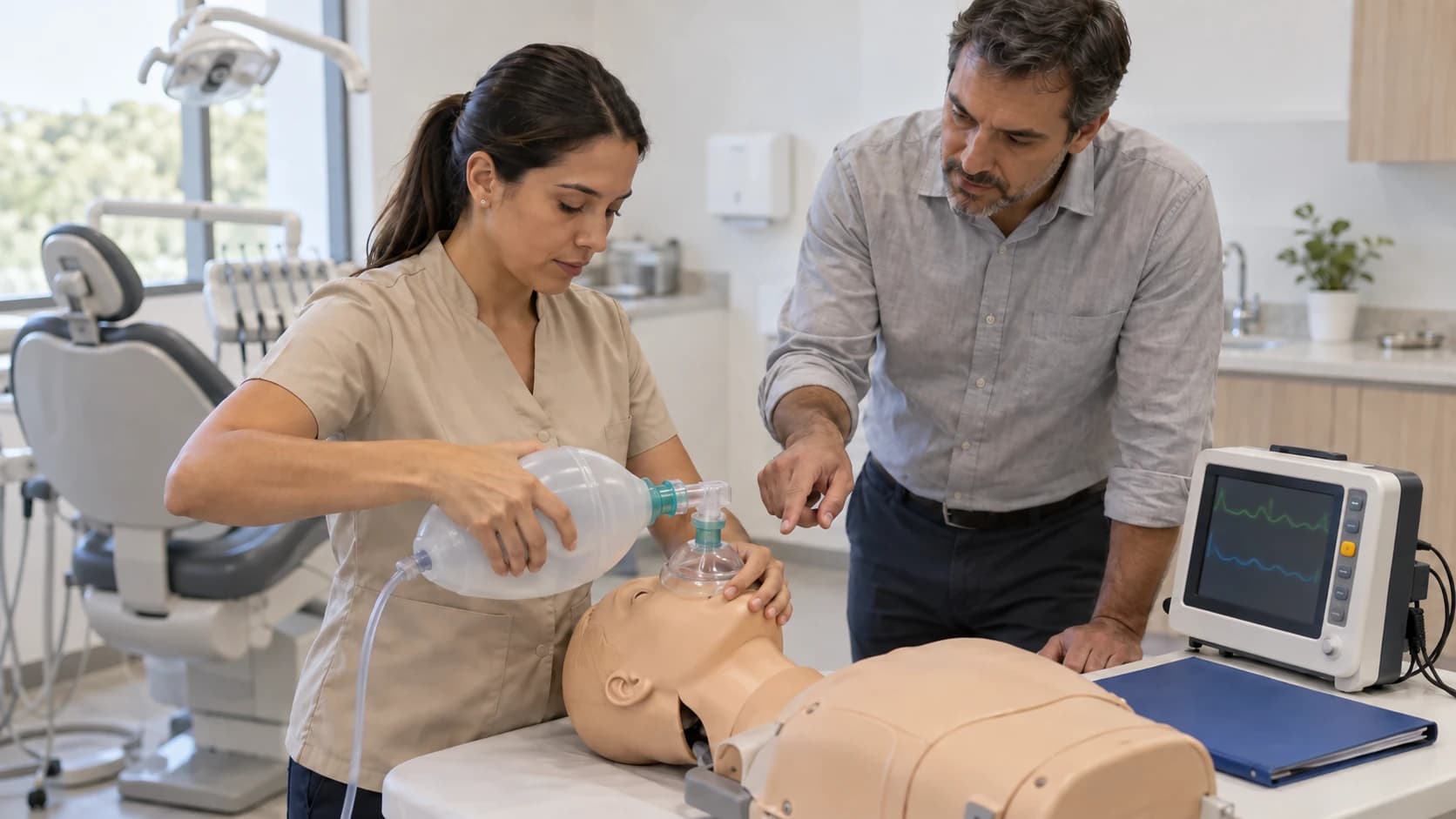Dentista pratica ventilação com bolsa e máscara em manequim, acompanhada por instrutor em sala de treinamento odontológico.