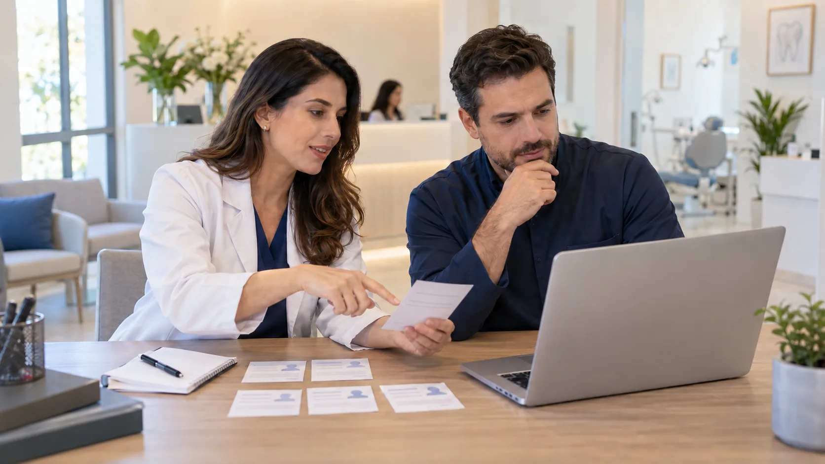 Dois gestores analisam fichas de candidaturas em uma mesa com notebook