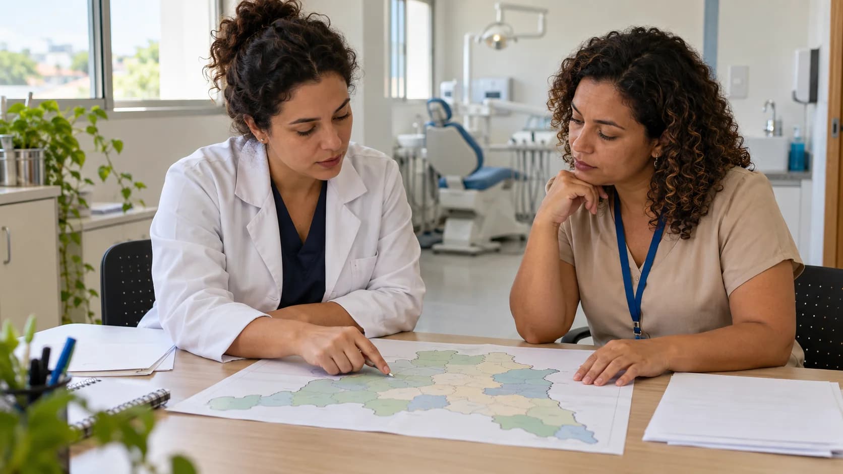 Dentista e gestora observam um mapa sobre a mesa de uma unidade de saúde