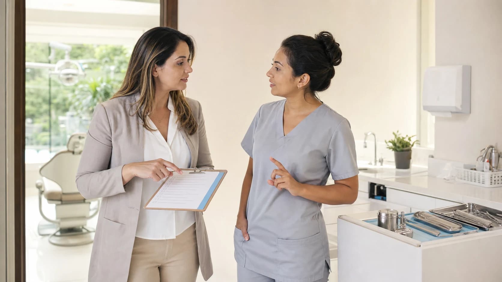 Gestora apresenta a rotina de um consultório a uma nova integrante da equipe odontológica.