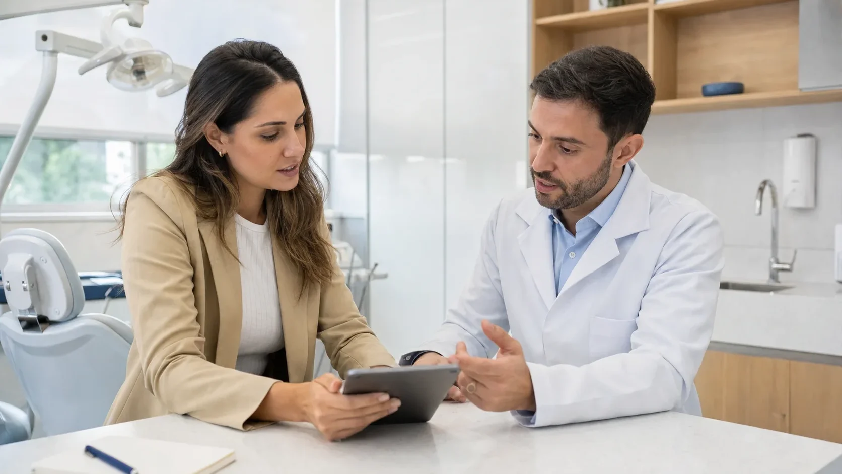 Dentista de jaleco e gestora de blazer bege, sentados à mesa de uma clínica odontológica, conferem juntos números num tablet, com a cadeira odontológica ao fundo.