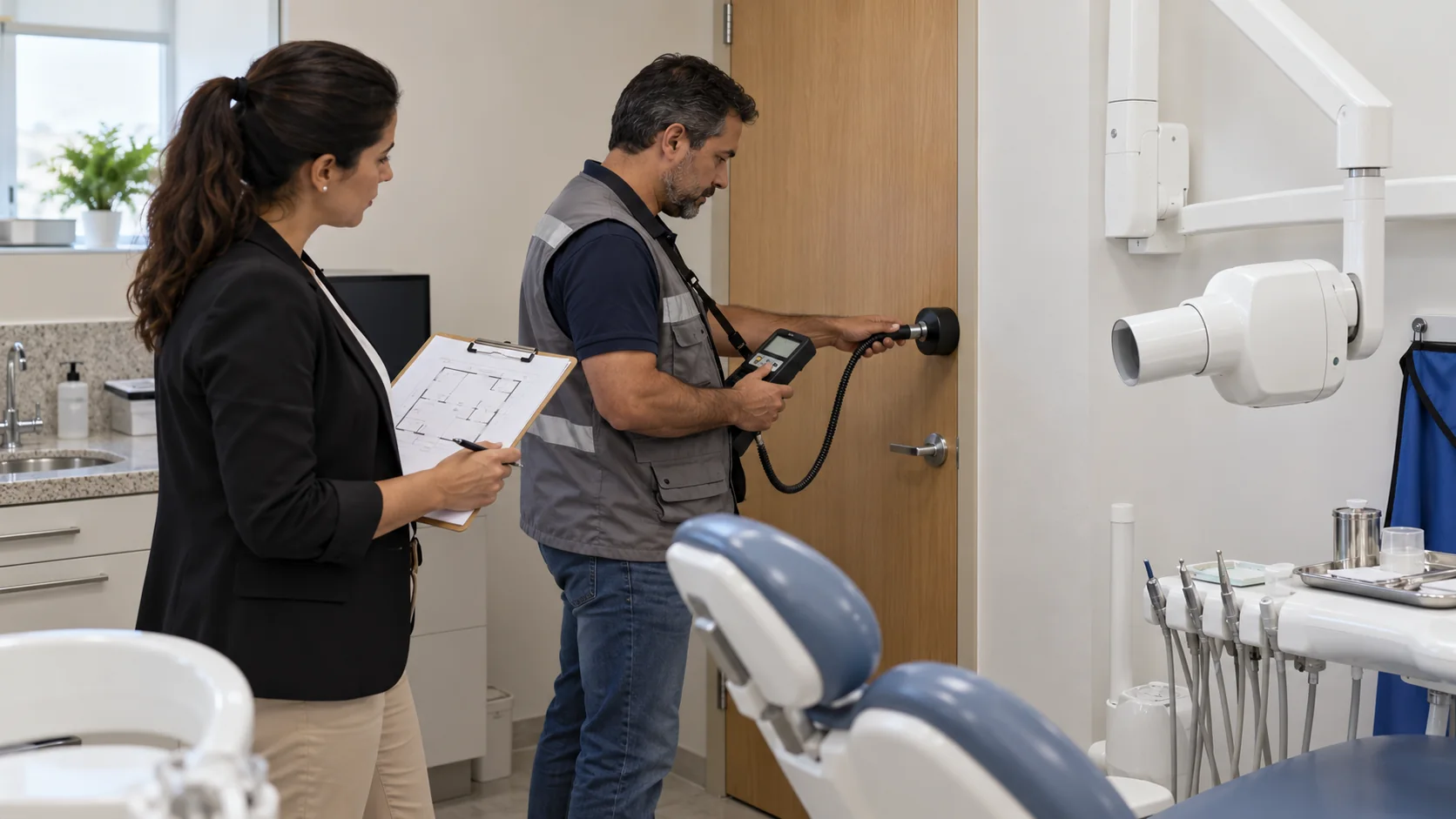 Técnico segura um medidor de radiação ao lado do aparelho de raio X fixado na parede de um consultório odontológico, enquanto a gestora acompanha anotações numa prancheta.