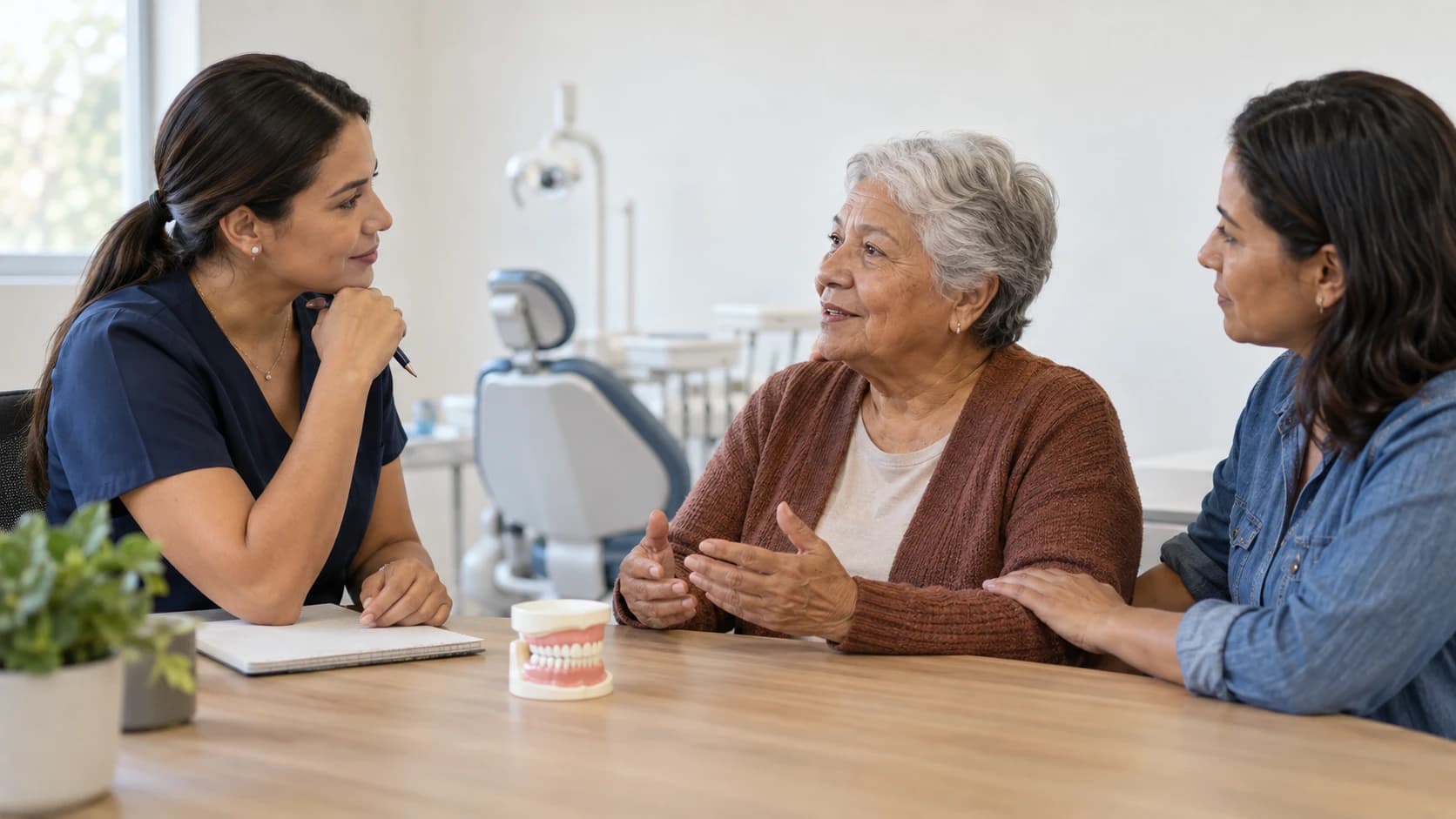 Dentista conversa com uma paciente idosa e uma familiar em uma sala de atendimento.