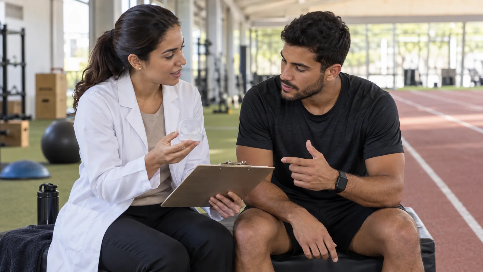 Dentista mostra um protetor bucal a um atleta enquanto conversam em um centro de treinamento.