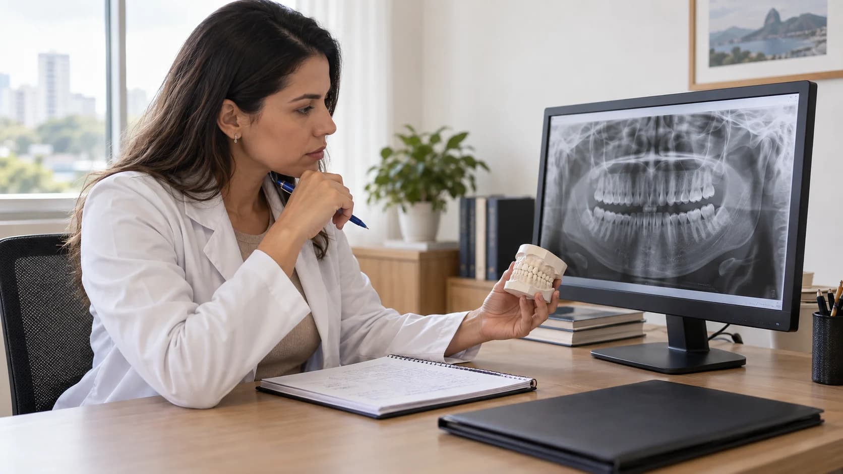 Dentista compara uma radiografia panorâmica sem identificação com um modelo odontológico em uma mesa de trabalho.