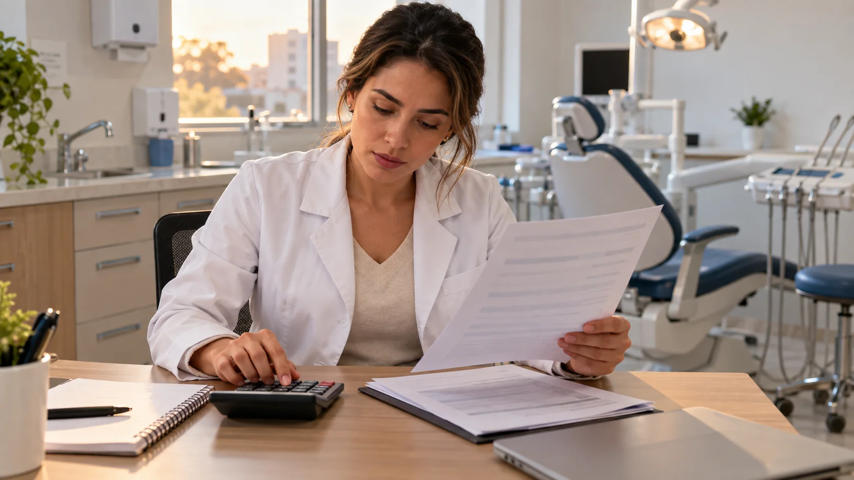 Dentista de jaleco confere uma proposta de trabalho impressa e faz contas numa calculadora sobre a mesa do consultório.