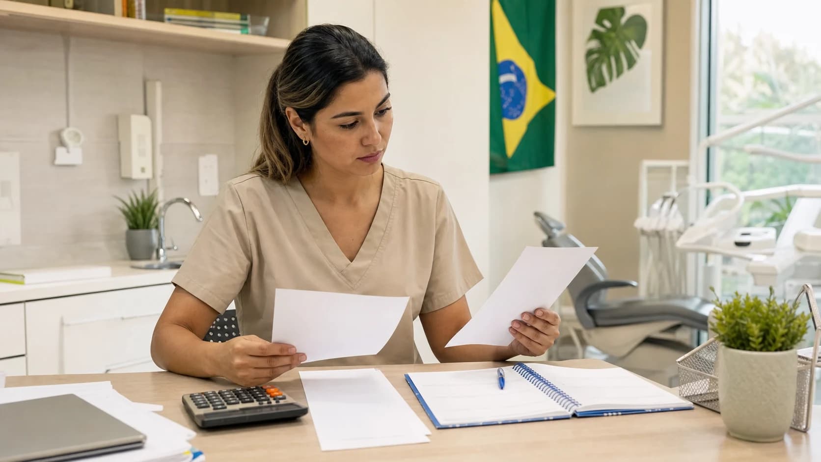 Profissional da equipe odontológica compara duas propostas de trabalho com uma calculadora.