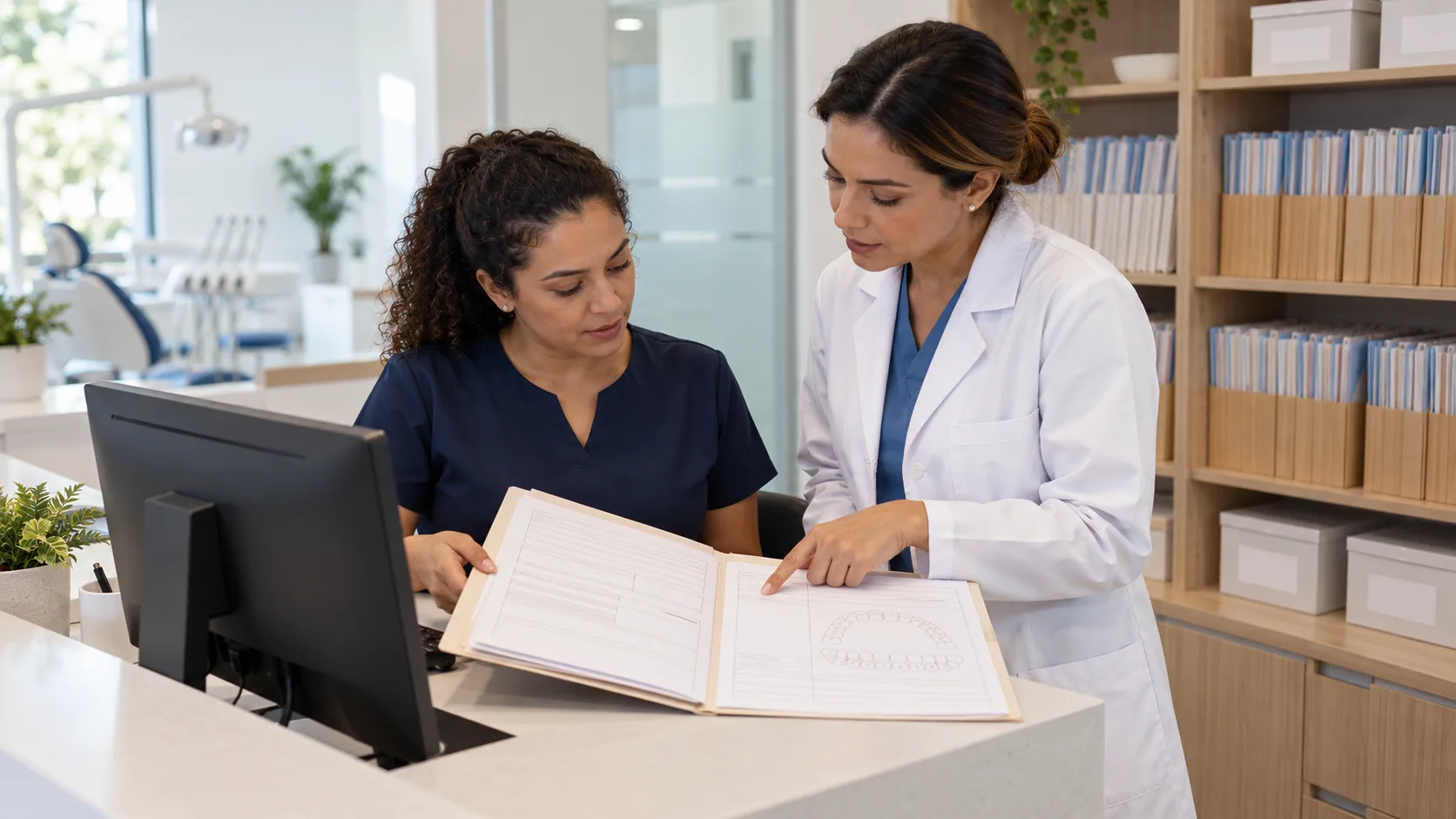 Recepcionista e dentista conferem juntas uma pasta de ficha de paciente ao lado do computador, diante de um arquivo de pastas na recepção de uma clínica odontológica.