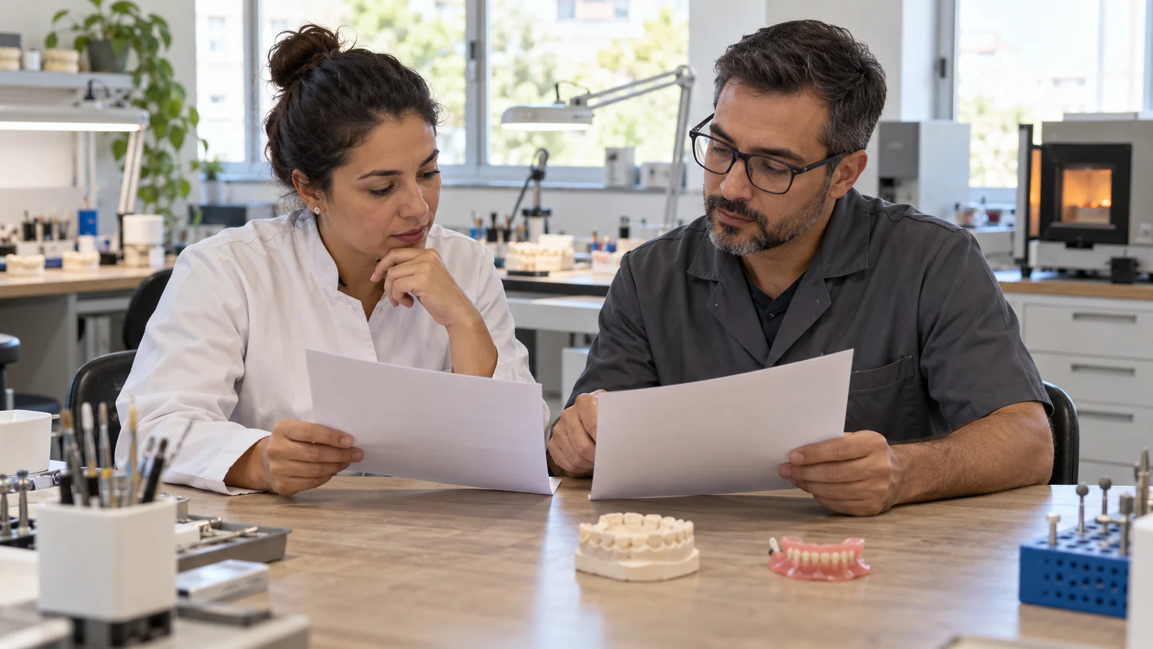 Dois profissionais analisam folhas de proposta em um laboratório de prótese dentária, com modelos e uma prótese sobre a bancada.