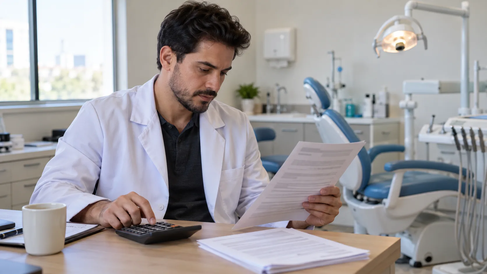 Dentista de jaleco confere um edital impresso numa mesa de consultório, ao lado de uma calculadora.