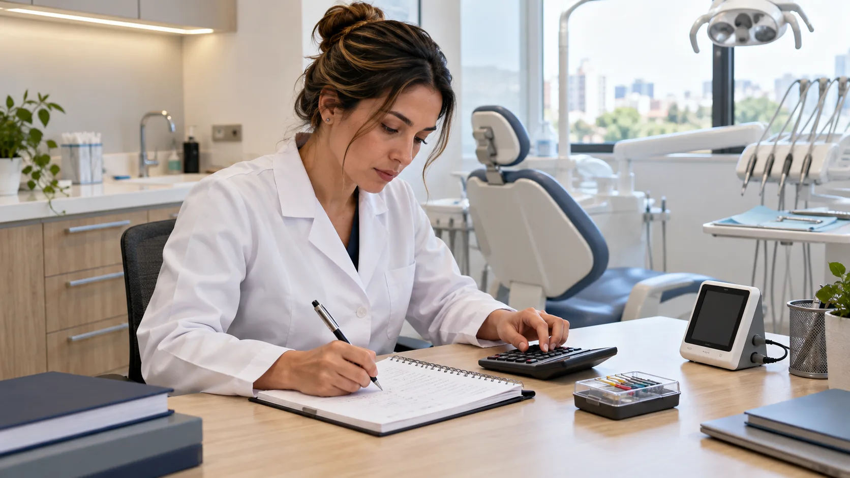 Dentista de jaleco, sentada à mesa de um consultório claro, anota contas num caderno ao lado de uma calculadora e de uma caixa de limas endodônticas fechada.