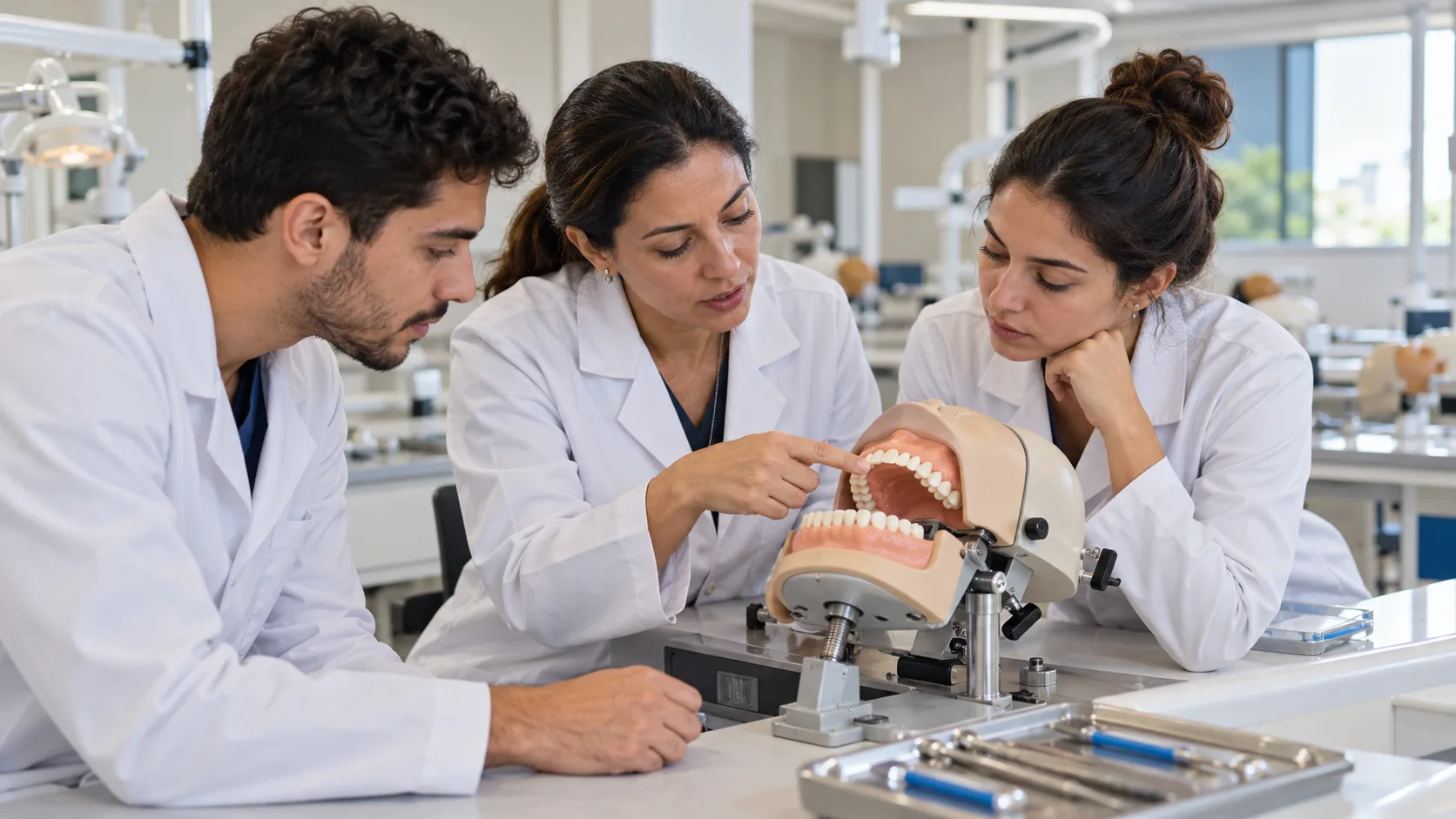 Professora de Odontologia de jaleco orienta dois estudantes diante de um manequim odontológico em um laboratório de ensino claro