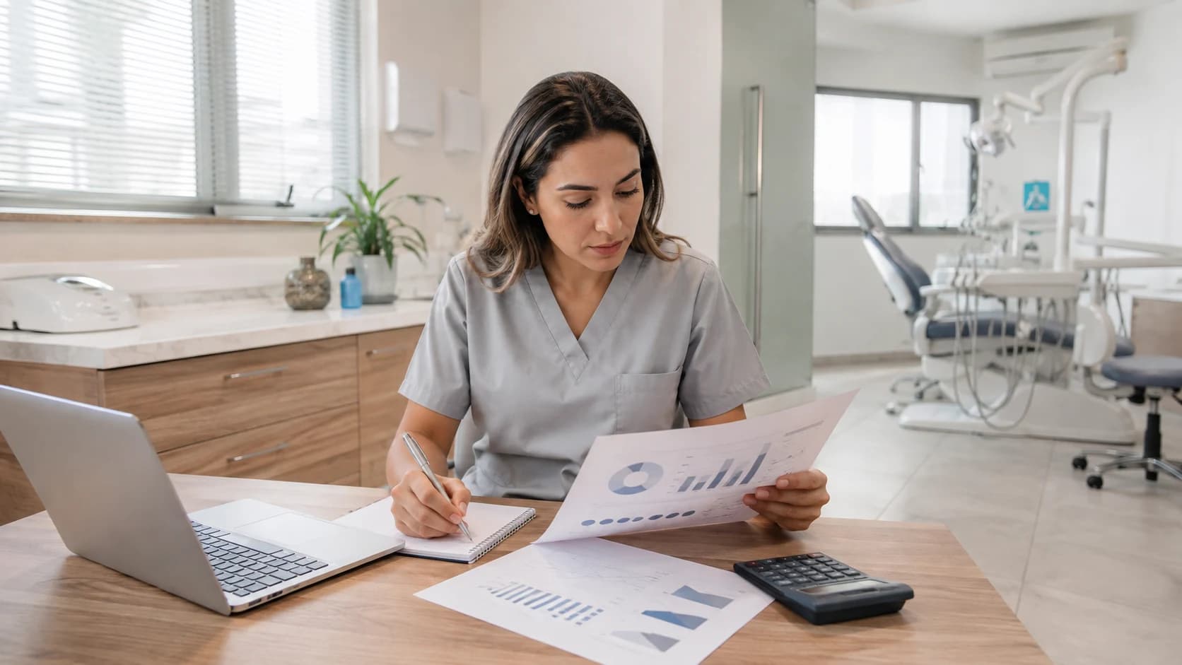 Dentista analisa uma proposta de remuneração ao lado de uma calculadora e agenda.