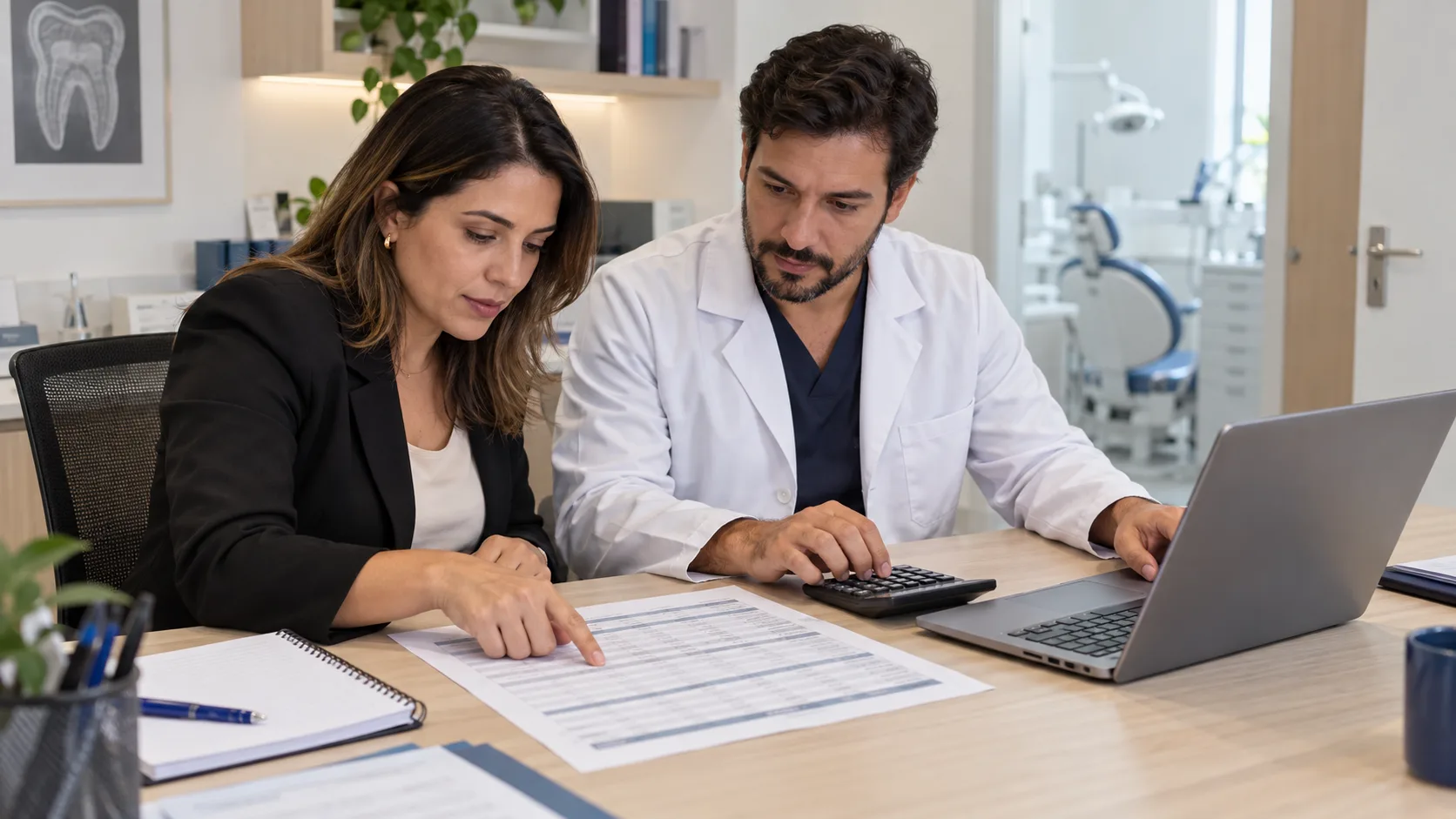 Gestora de clínica odontológica e dentista comparam uma tabela impressa de procedimentos com uma planilha no notebook, na mesa da sala administrativa.
