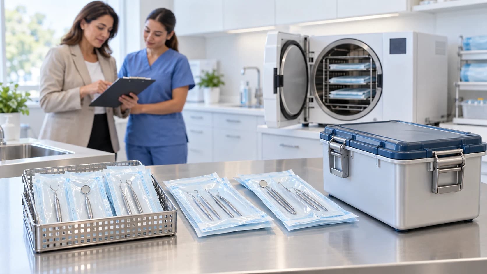 Pacotes de instrumentais odontológicos ao lado de uma autoclave e de uma caixa de transporte, com gestora e auxiliar ao fundo.