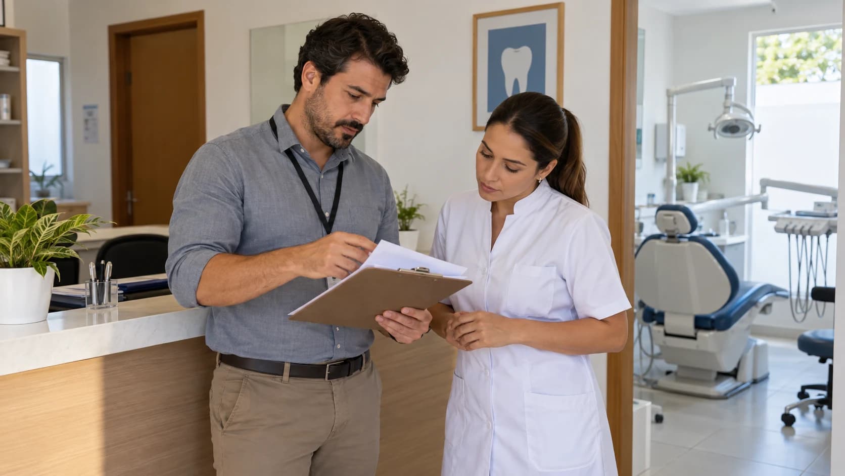 Profissional e integrante de uma clínica odontológica examinam documentos em uma prancheta, com consultório ao fundo.