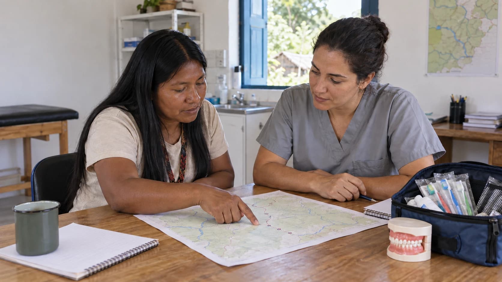 Duas profissionais planejam uma visita de saúde bucal em uma unidade comunitária, com mapa e materiais de orientação sobre a mesa.