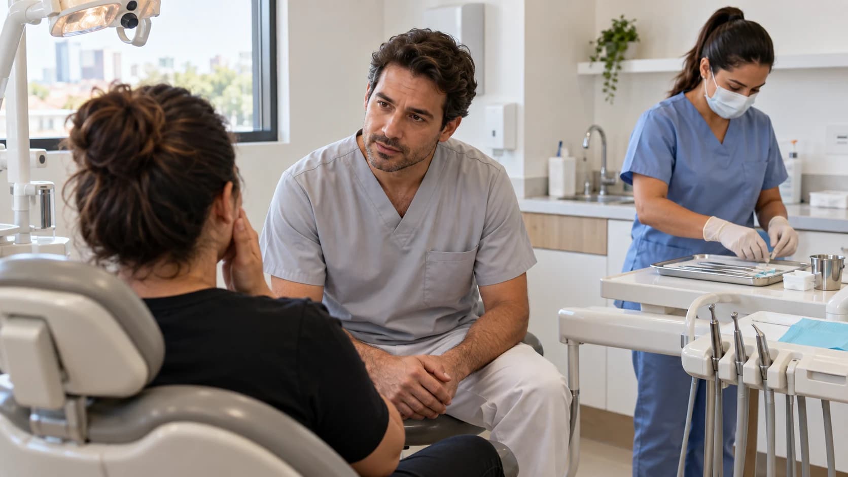 Dentista conversa com paciente que segura o rosto enquanto uma auxiliar prepara materiais em uma clínica odontológica.