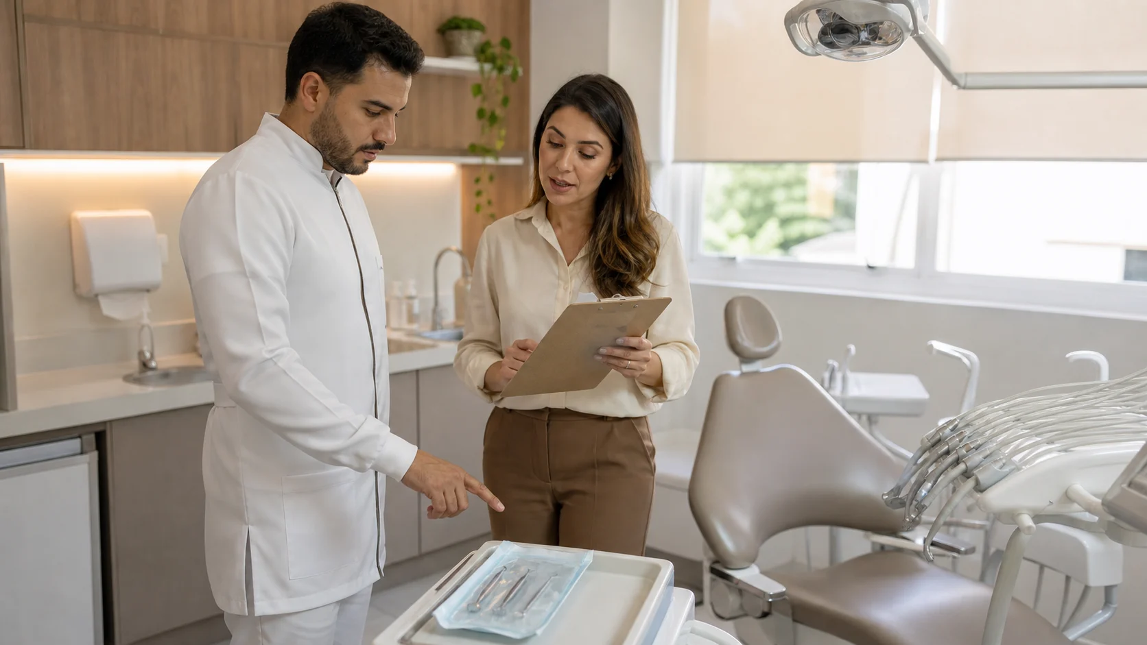 Dentista e coordenadora verificam instrumental e estrutura do consultório antes de um turno de atendimento.