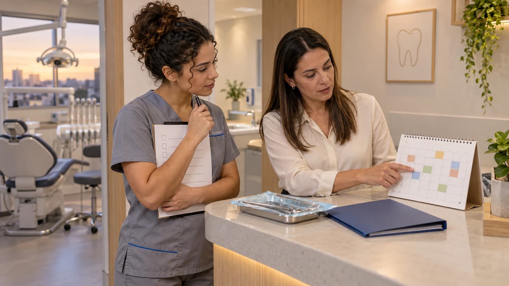 Profissional e coordenadora conferem dias de trabalho e condições de uma oportunidade em uma clínica odontológica.
