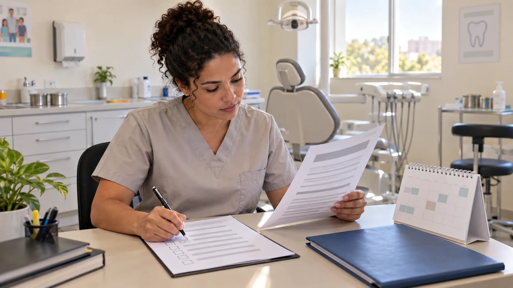 Dentista confere um edital e organiza prazos em uma sala odontológica de atenção primária.
