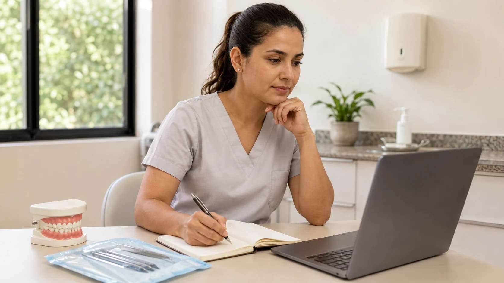 Técnica em Saúde Bucal consulta oportunidades no notebook e faz anotações em uma clínica.