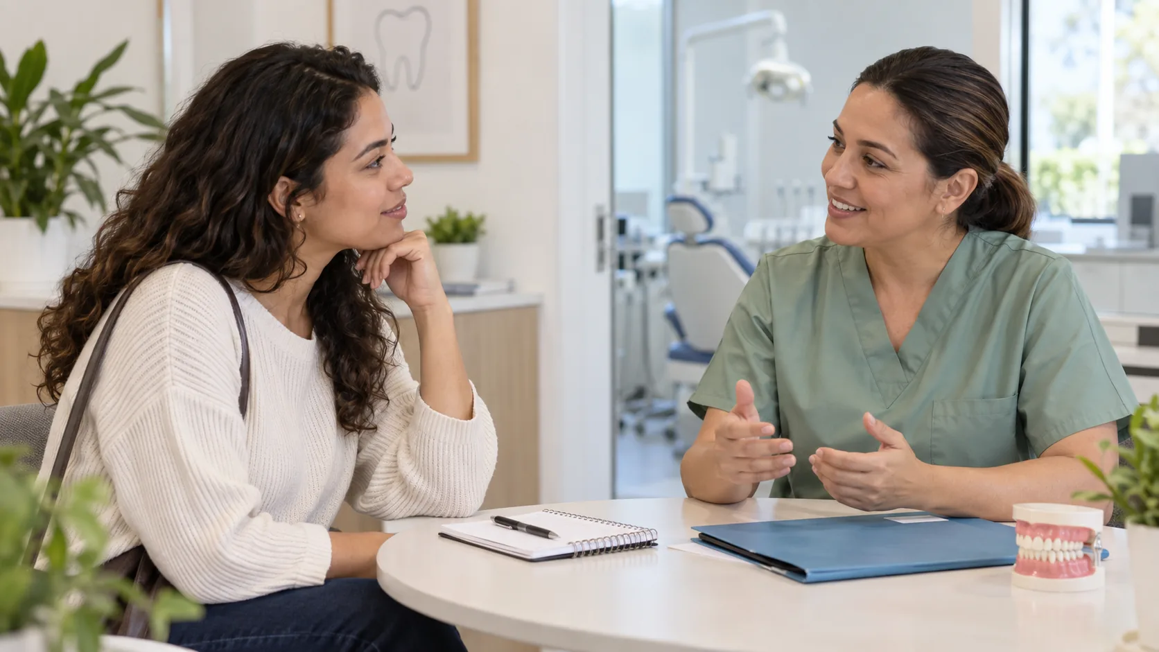 Pessoa interessada na carreira conversa com uma Auxiliar em Saúde Bucal ao lado de um caderno e um modelo dentário.