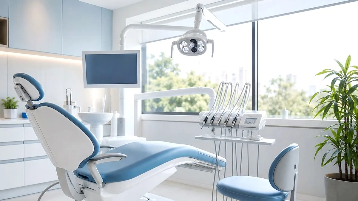 Consultório odontológico claro preparado para contratação de dentista.